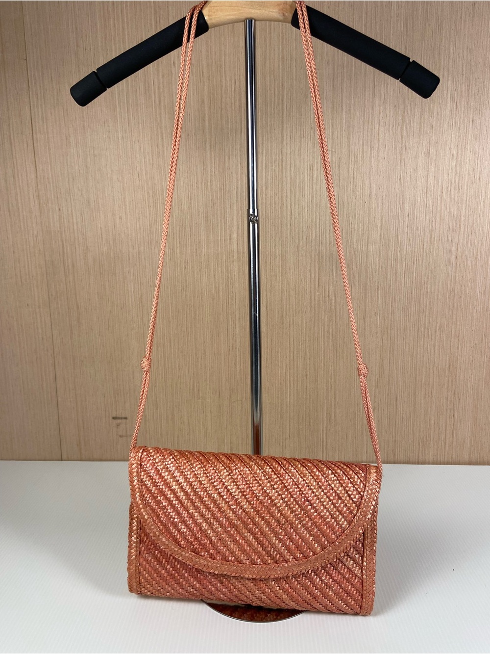 Vintage Lesco Woven Straw Crossbody Shoulder Bag Clutch Salmon Pink - Picture 9 of 9
